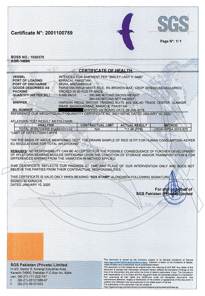 SGS Certificate of Health document scan