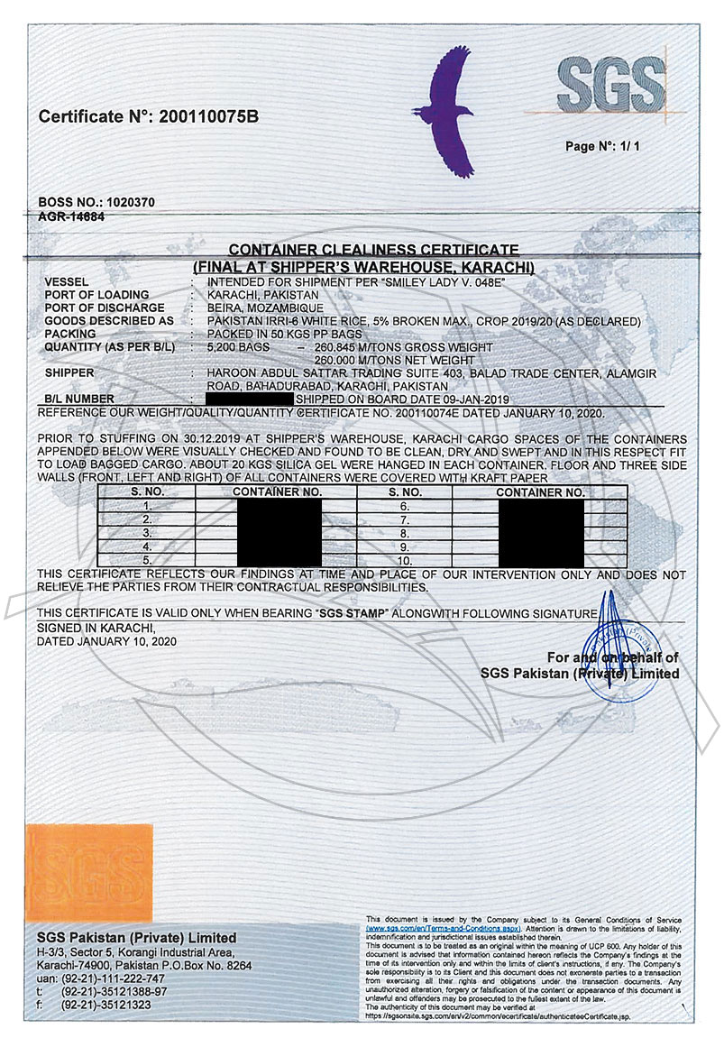 SGS Container Cleanliness Certificate document scan
