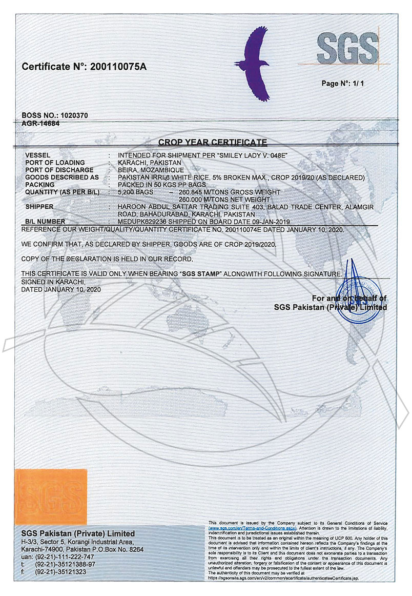 SGS Crop Year Certificate document scan