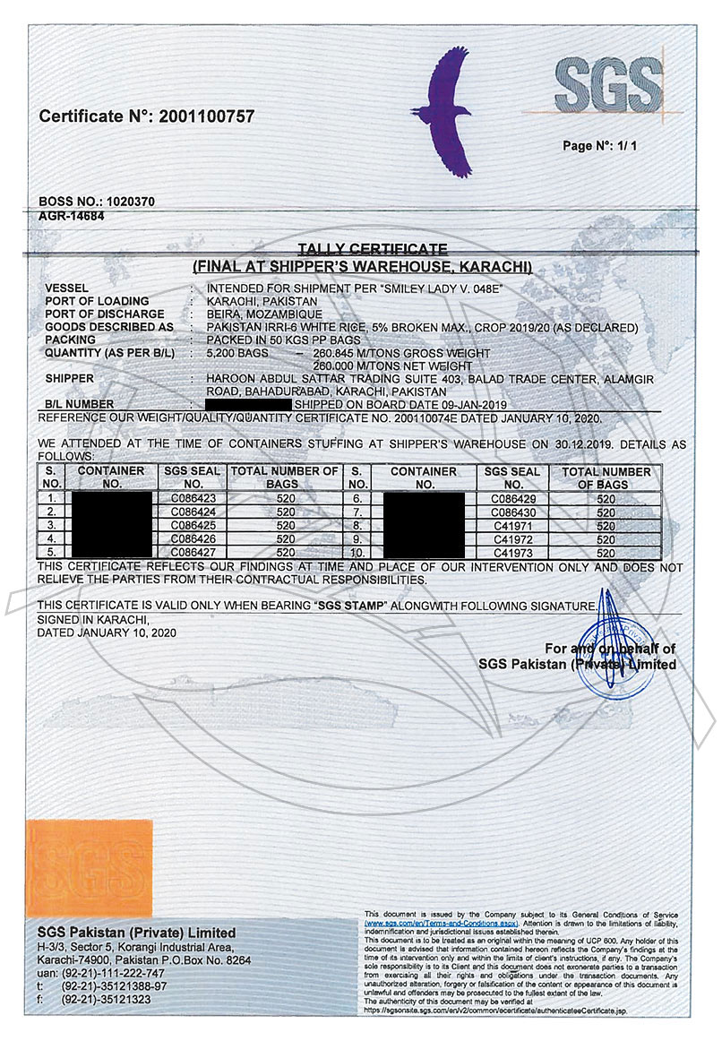 SGS Bag Tally Certificate document scan