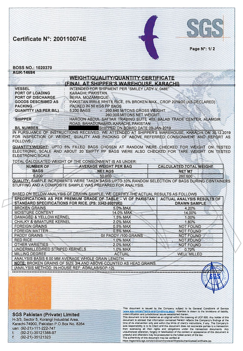 SGS Quality, Quantity & Weight Certificate (p1) document scan