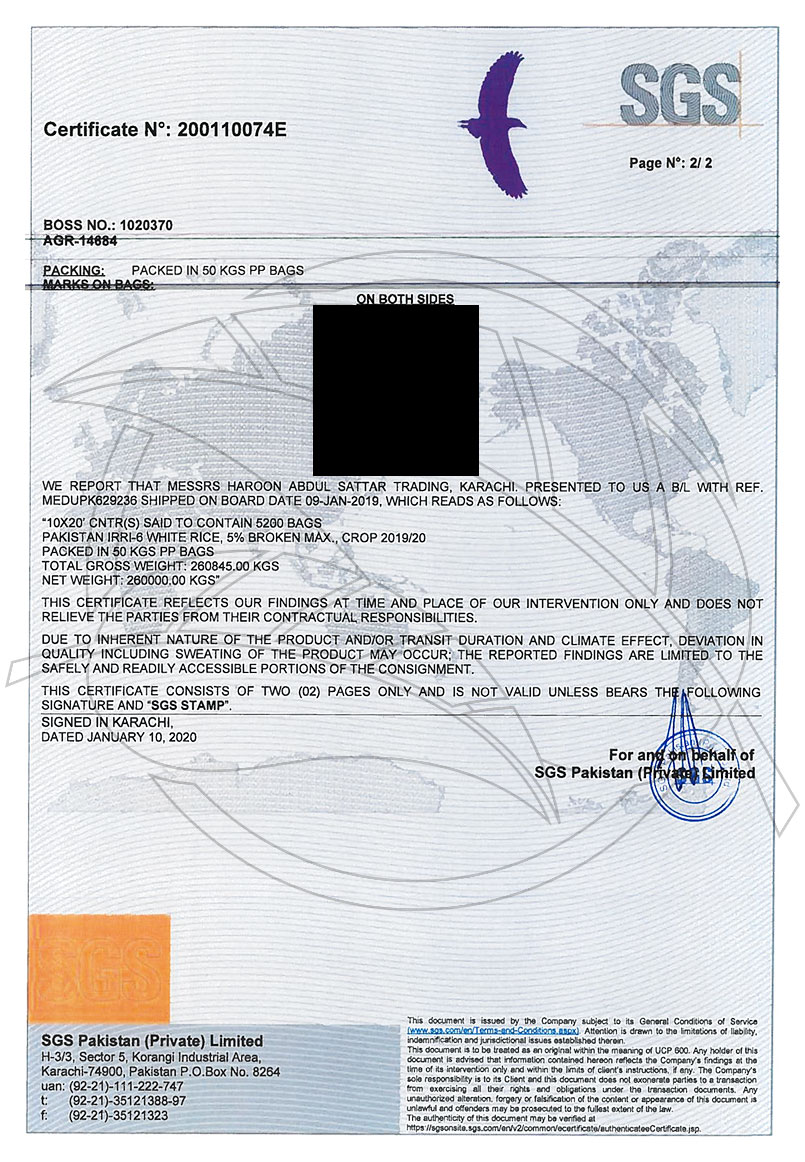 SGS Quality, Quantity & Weight Certificate (p2) document scan