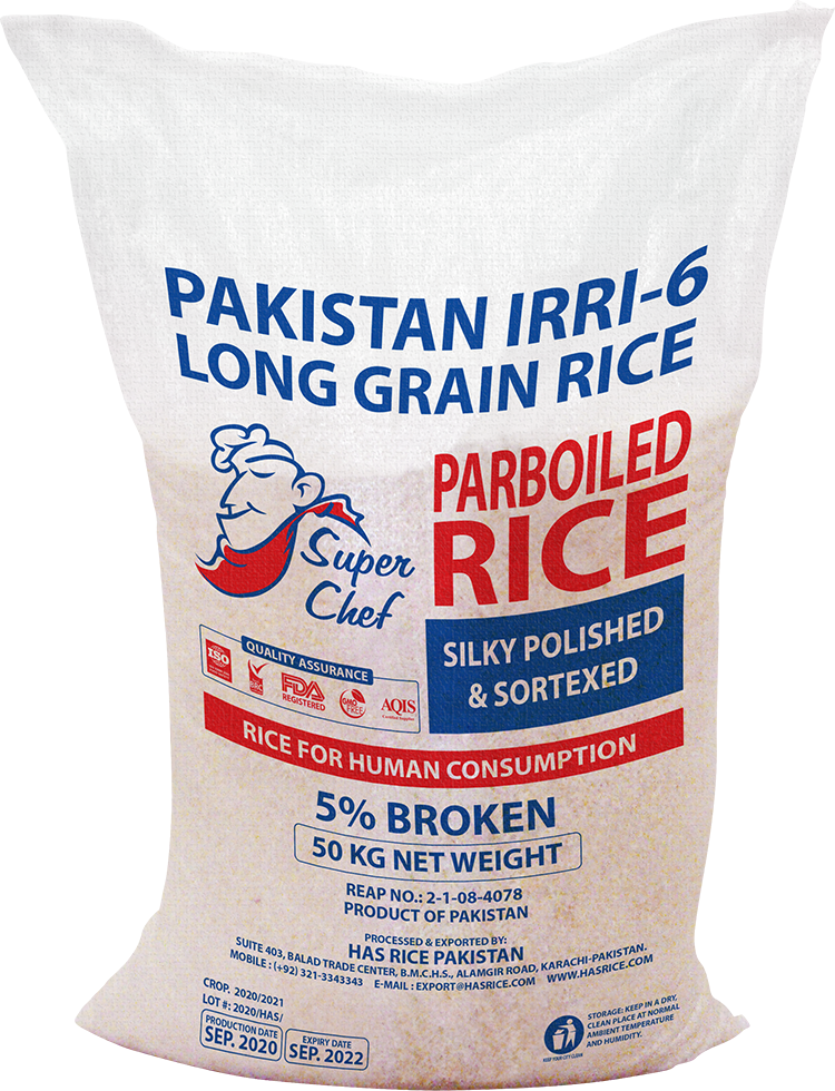 IRRI-6 rice in 50 kg PP woven bag (parboiled)
